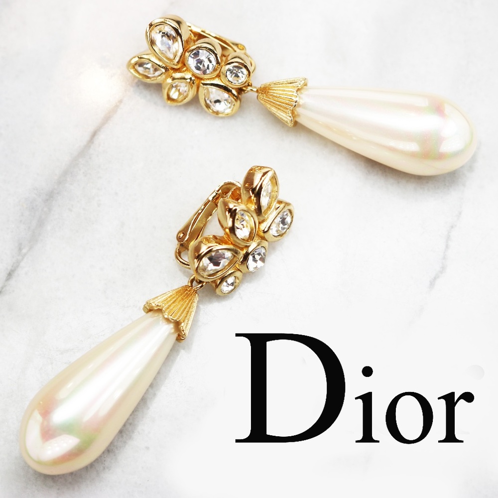 ⚜️ Vintage Christian Dior Crystal & Pearl Earrings - Picture 1 of 16